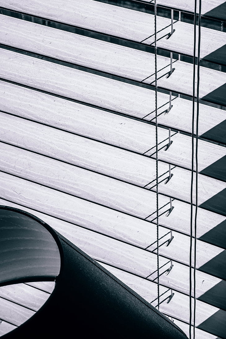 ángulo de, en blanco y negro, persianas, cubierta, cortina, gris, horizontal