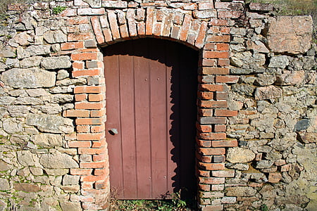 drzwi, drewniane, drewno, wstawka, ściana, kamień, stary
