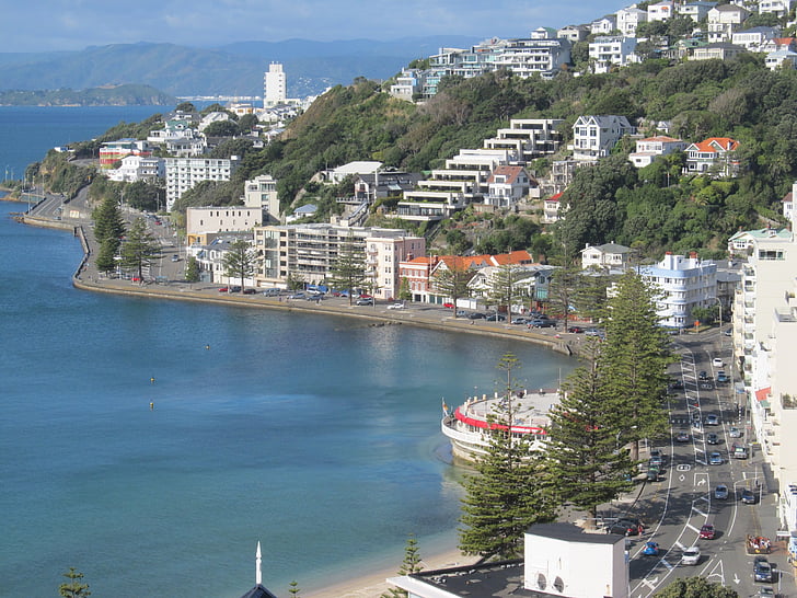 Wellington, Oriental bay, Nowy, Zelandia, Capitol, Waterfront, morze