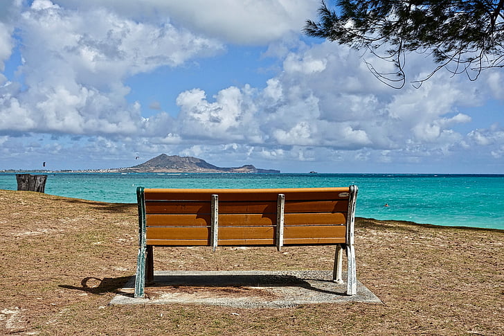 seat, tranquil, sea, beach, distance, island, quiet