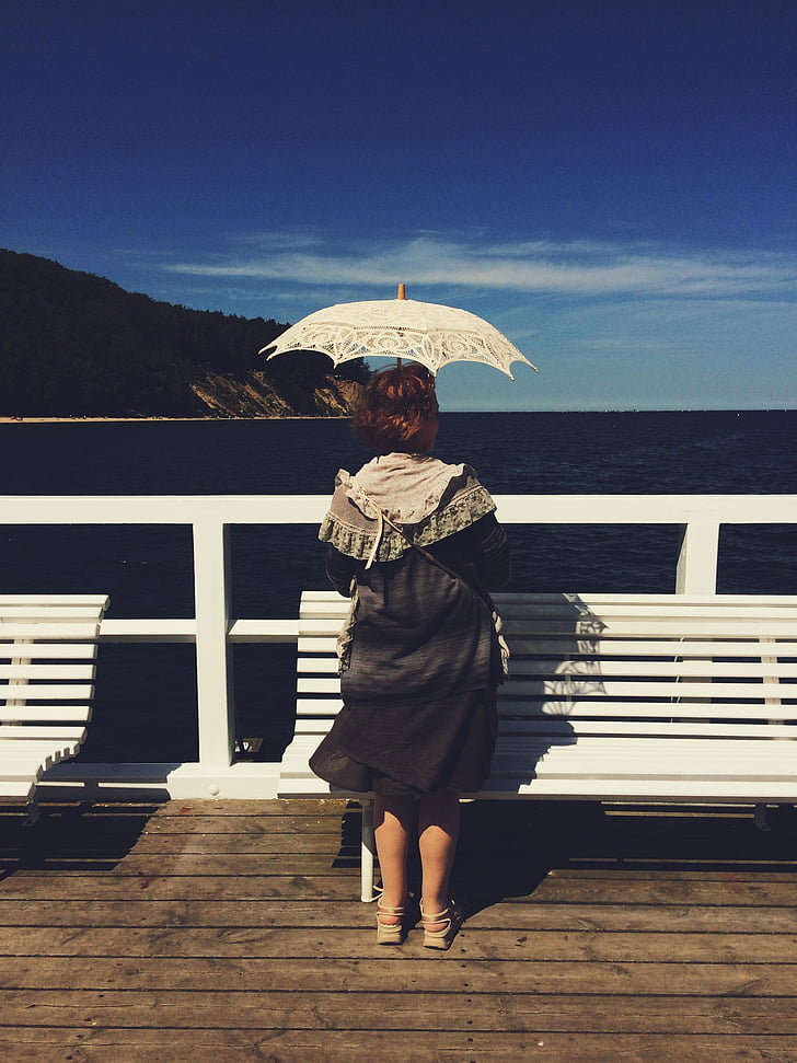 donna, ombrello, Classic, vecchio, vista sul mare, acqua, vita