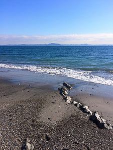miurakaigan, pobřeží, Já?, vlna, písečná, modrá obloha, poloostrovem Miura