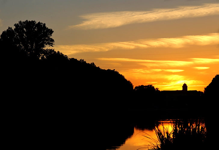 Sonnenuntergang, Schloss, Fluss, Landschaft, Sommer, Tschechische Republik, Flussufer