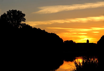 solnedgång, slott, floden, landskap, sommar, Tjeckien, flodstranden
