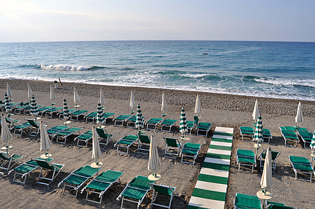 Pantai, kursi berjemur, pasir, Hebat, biru, hijau, pagi