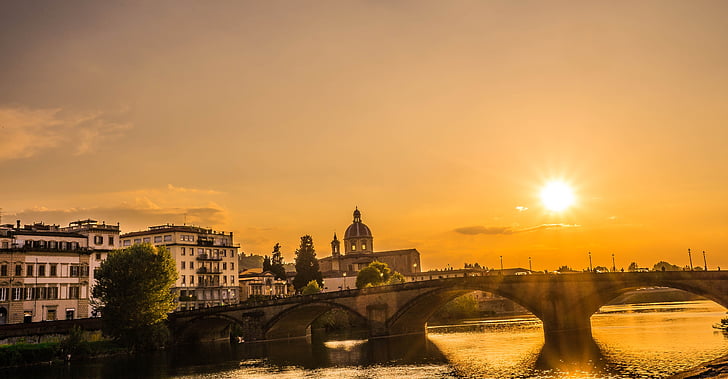Φλωρεντία, Ιταλία, Πόντε Βέκιο, ηλιοβασίλεμα, φωτοβολίδα κρυσταλλοειδή φακό, Ήλιος, πόλη