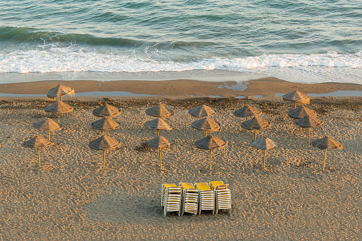 umbrele de soare, plajă, Andaluzia, Spania, Rincón de la victoria, seara, umbrele