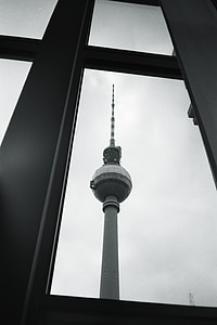 berlin, tv tower, window, black and white, architecture, germany, alexanderplatz