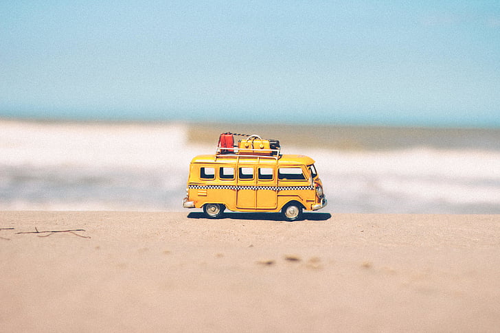 bus, vehicle, toy, travel, reflection, beach, horizon