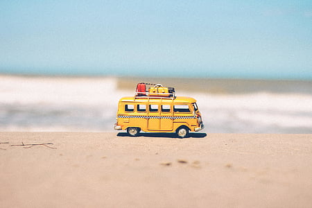 Buss, fordon, leksak, resor, reflektion, stranden, Horisont