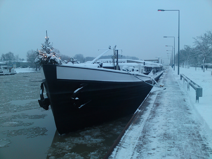 statek, Boże Narodzenie, kanał, Zmierzch, zimowe, atmosfera, snowy