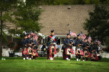 bagpipes and drummers, music, flags, memorial, service, marching, instruments