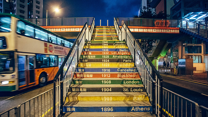 Juegos Olímpicos, escalera, año, noche, Hong kong, Turismo, autobuses