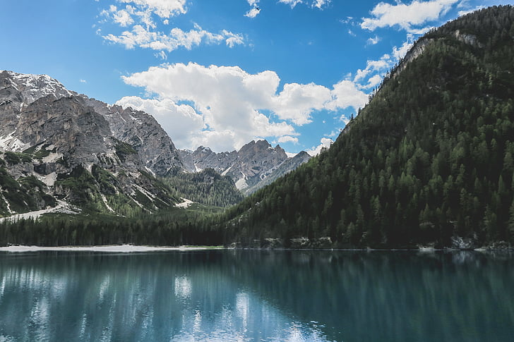 nuvole, luce del giorno, foresta, Lago, montagna, natura, tempo libero