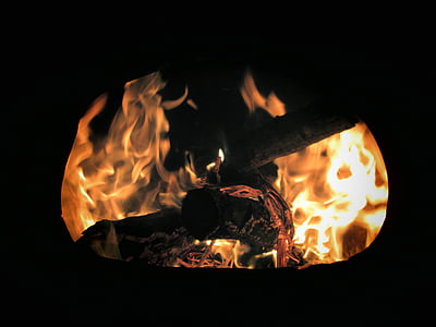 brand, kampvuur, vlam, nacht, buitenshuis, hete, brandhout
