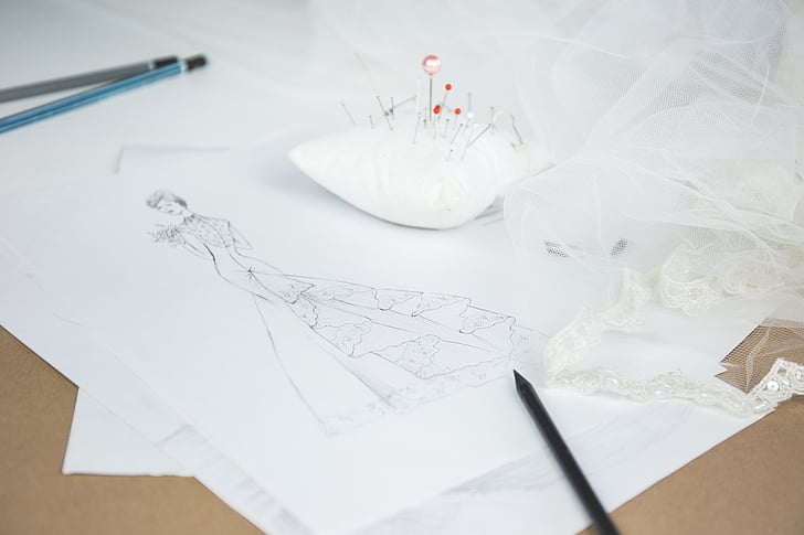 woman, sketch, white, paper, wedding, dress, drawing