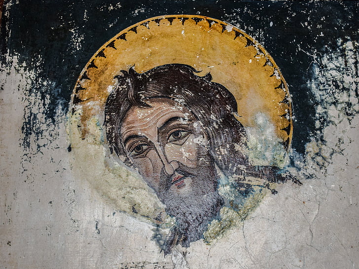 iconographie, Saint, âgés de, Weathered, endommagé, mur, peinture