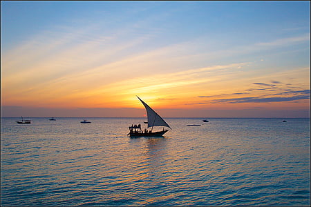 Zanzibar, naplemente, vitorla, este, tenger, víz, Scenics
