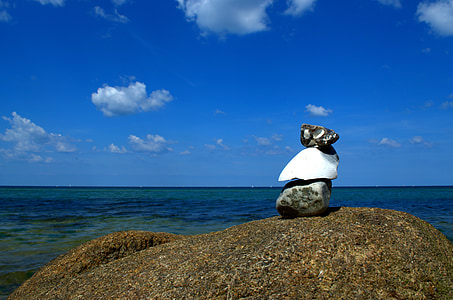 stone tower, sea, stones, beach, meditation, tower, cairn