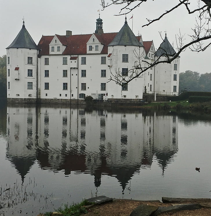 Castelo, Glücksburg, espelhamento, água, Mecklenburg, Nordfriesland, Alemanha
