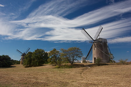 gotland, windmill, cloud, landscapes, mill, wind power, wind turbine