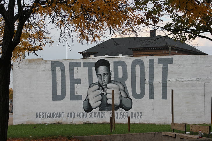 detroit, graffiti, joe louis, building, michigan, boxer, art