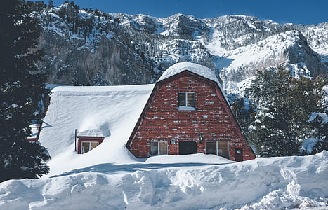 snow, nature, house, trees, winter, mountains, landscape