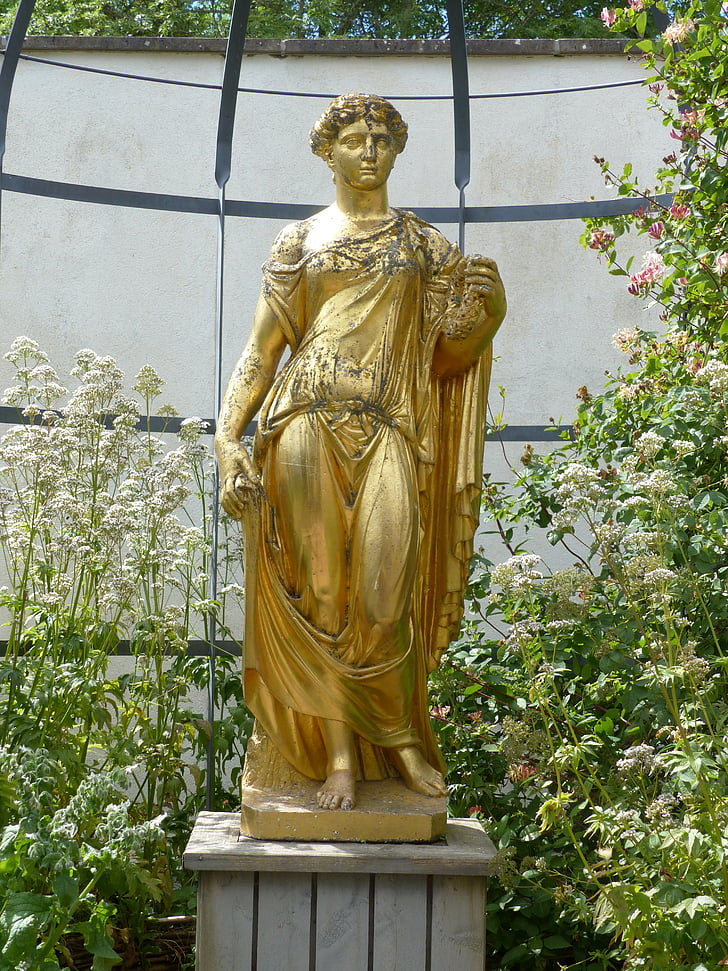 statue, gold, flowers, garden, summer, plants