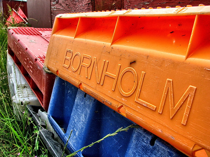 Bornholm, envase, caja, pesca, naranja, colores, HDR
