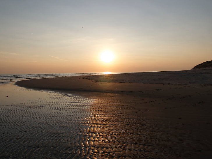 solnedgång, stranden, Wales, havet, Sand