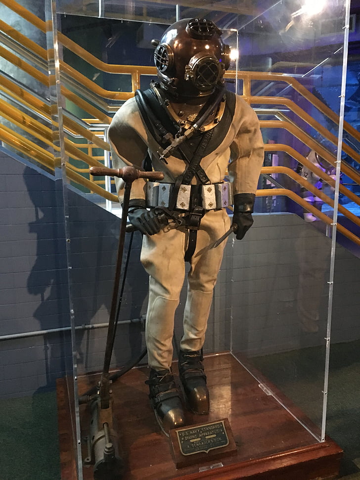diving, diver, costume, museum, equipment, helmet