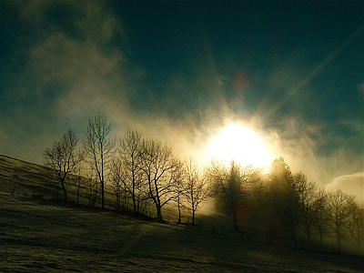 zimowy nastrój, Natura, Słońce, chmury, nastrój, drzewo, lasu