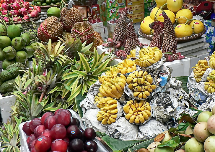 Vietnam, mercado, verduras, toronja, piña, durian, pantalla