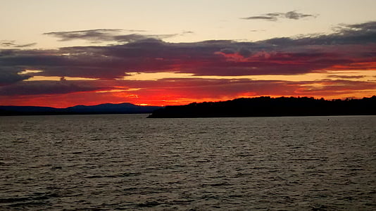 Lago, Vermont, cênica, água, pôr do sol