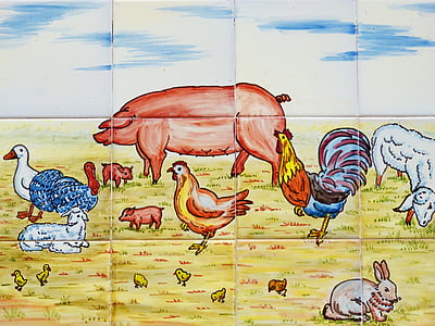 mozaika, dlaždice, farma, hospodářská zvířata, vedle sebe