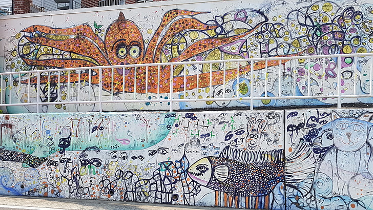 freska, grafiti, organizācija, ielu māksla, zivis, sienas, stāvs