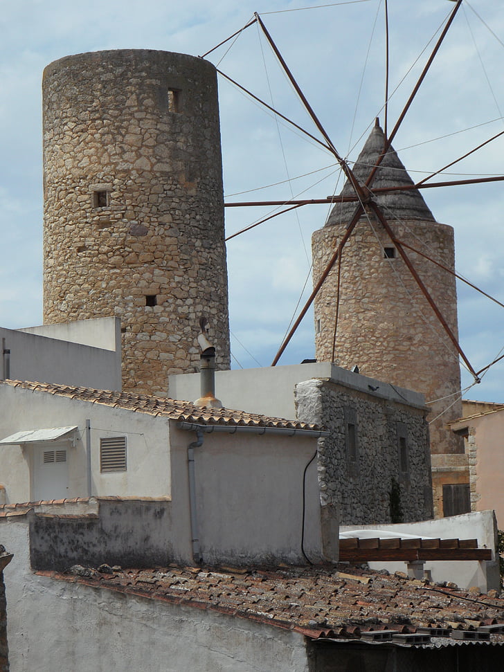 régi, régi malom, szélmalom, Landmark, Mallorca, történelmileg, kapcsolat