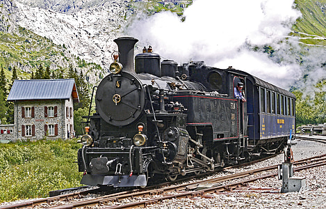 steam railway furka-bergstrecke, locomotive 4, exit at gletsch, station building, rhone glacier, rock bed, furka pass