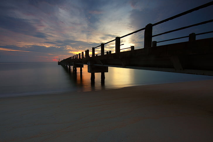 beach, bridge, dawn, dock, dusk, evening, long
