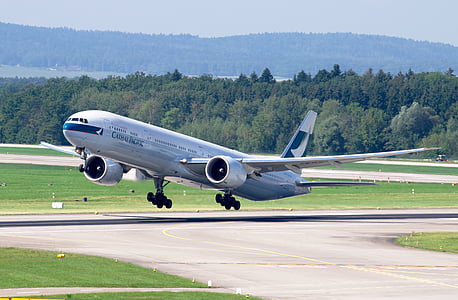 boeing 777, cathay pacific, airport zurich, jet, aviation, transport, airport