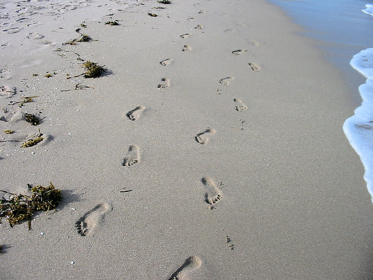 pegadas, praia, areia, impressões de pé, oceano, Atlântico, Florida
