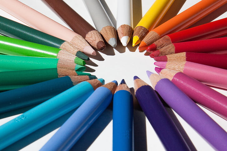 colored pencils, colour pencils, star, color circle, writing or drawing device, colorful, with coloured mines