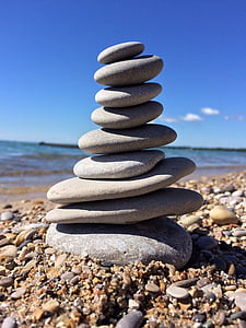 rocks, stacked, balance, stone, water, beach