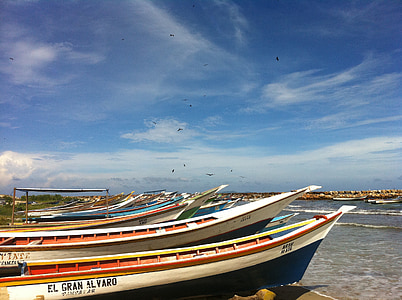 boats, margarita island, blue sky, sea, clouds, beach, sky