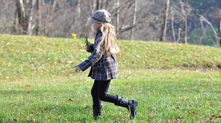 child, girl, long hair, blond, run, meadow, outdoors