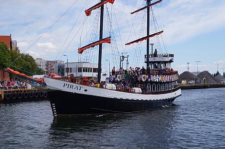 ship, pirate ship, port, baltic sea, coast, lake, historically