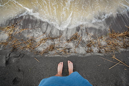 person, standing, seaside, water, beach, seaweed, sea