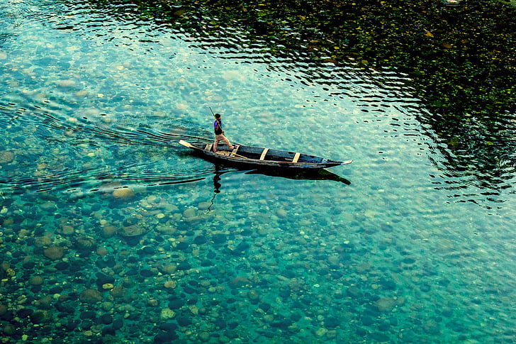 Índia, Lago, água, canoa, barco, homem, pesca