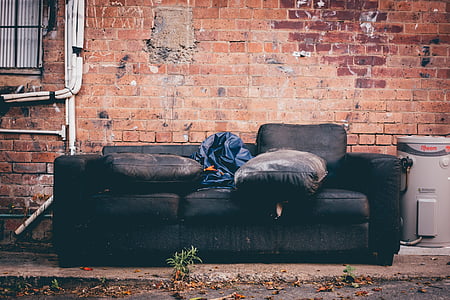 svart, läder, säte, soffa, bredvid, grå, vatten