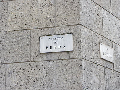 sign, street brera, milan, italy, place, panel, piazzetta